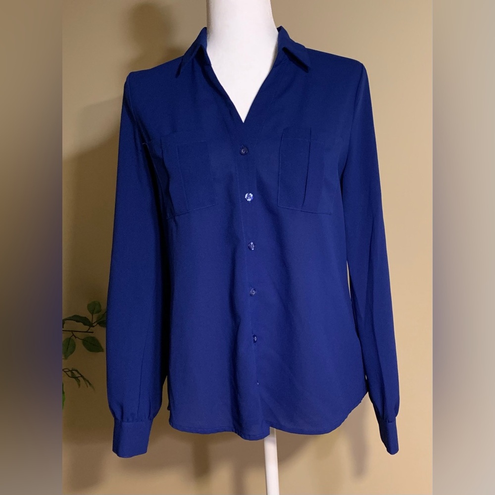 EUC Top: Cobalt Blue, Tunic Length, Button-Down, Roll-Tab Sleeves, Lightweight